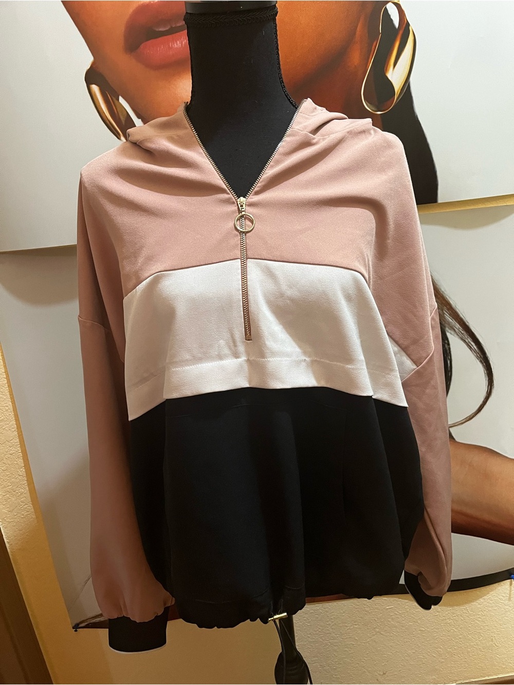Zara Blush Pink, White & Black Colorblock Zip Hoodie